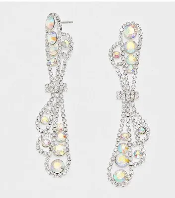 4  Long Silver Aurora Borealis AB Clear Austrian Crystal Pierced Drop Earrings • $15