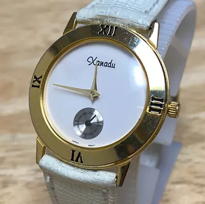 VTG Xanadu Quartz Watch Unisex Gold Tone Small Second White Leather New Battery • $22.49