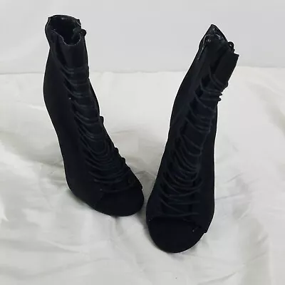 Bamboo Boots Womens 7 Black High Heel Open Toe Side Zip Lace Up Shoes • $15