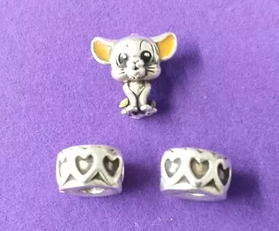 Genuine Pandora Disney Mouse Charm & 2 Heart Clip On Bangle Charms 925 Ale  • £9.50