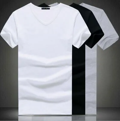  Men's V Neck Round Neck Cotton T-shirt Slim Fit Short Sleeve Solid Color Casual • $6.99
