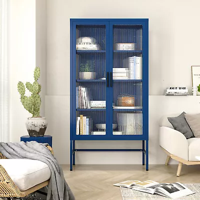 Metal Storage Cabinet With Fluted Glass Doors Tall Curio Display Cabinet • $278.86