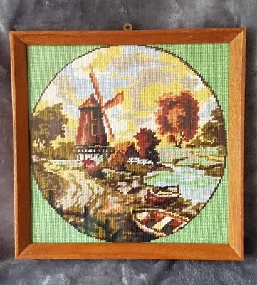Vintage Cottagecore Country Windmill Cross Stitch Finished Tapestry Oak Frame • £20