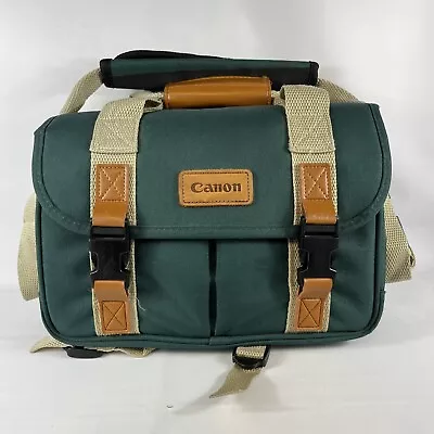 Vintage Canon Green Canvas/Leather Camera Bag Large W/ Pockets & Strap • $37.99