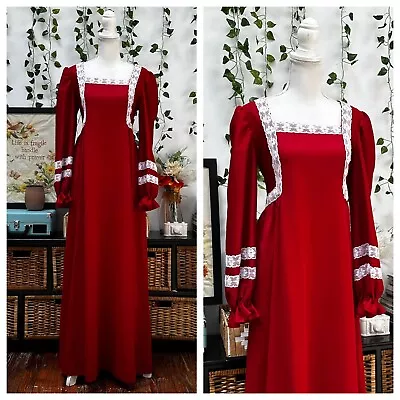 Vintage 60s Prairie Maxi Dress Red White Lace Cottage Boho Hippy Renaissance L • $64.99