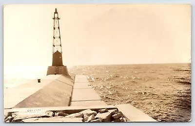 Whitehall=Montague White Lake MI West Pierhead Metal Tower Lighthouse 1939 RPPC • $20