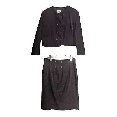 Vintage 80's Laura Ashley Corduroy Skirt Suit Double Breasted Cropped Navy • £115.65