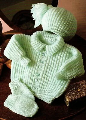  Baby Easy Knit Jacket Hat & Mitts Knitting Pattern Boys Girls  DK 16-22  1315 • £2.09