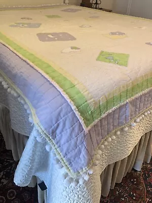 Vintage Quilt 66x82 Pastels Appliques Pom-Pom Trim Hand Stitched • $35