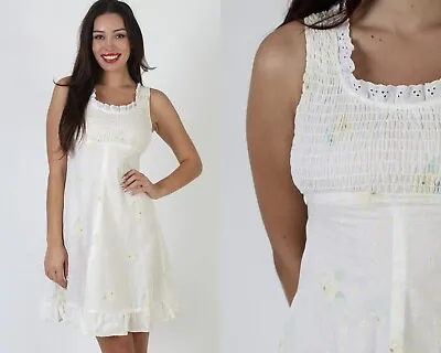 Vtg 70s Floral Smocked Elastic Bodice Summer Sundress Wht Eyelet Mini Boho Dress • $56.05