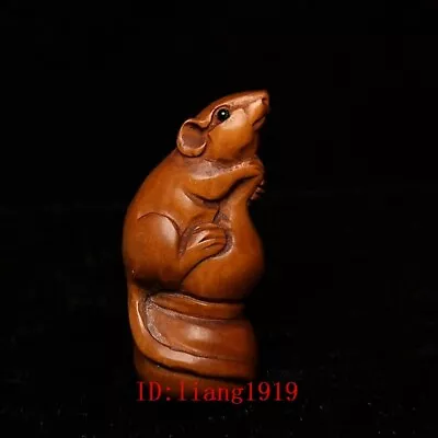 Old Japanese Boxwood Hand Carved Money Gourd Mouse Statue Netsuke Gift 1.5 Inch • £19.19