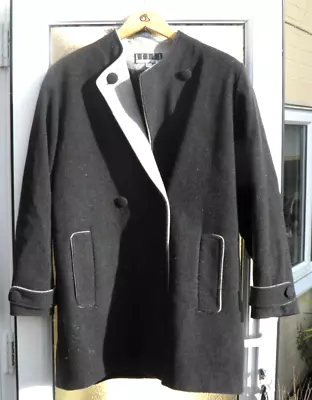 Kesta London Size 14 Black + Grey Lined Wool/Cashmere Coat Button Up Pockets Vgc • £9.95