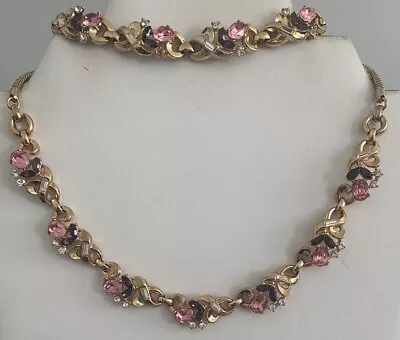 Vintage Crown Trifari Pink Purple Rhinestone Bracelet Necklace Choker 17.75” • $150