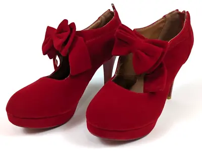 MaryJane Women's Red Suede Bow High Heel Pumps Size US 10 Zipper Back Pinup Heel • £33.74