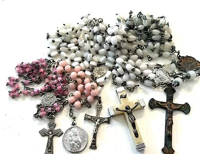 Vintage Antique 5 Rosary LOT Glass Beads Pink White Cross Catholic Charm • $10.50