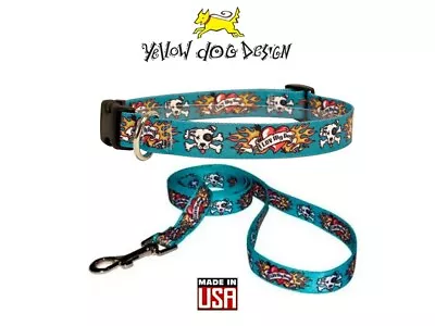 Yellow Dog Design Collar Or Leash Blue Tattoo Luv My Dog Flame XS S M L Made USA • $15.95