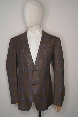 New ZILLI $4900 Brown Blue Check Leather Detail Cashmere Silk Jacket Blazer 56 • $1595