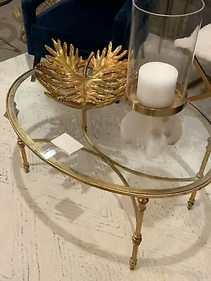 Mid Century Modern 40  Aged Gold Leaf Iron Glass Top Oval Cocktail Coffee Table  • $811.80