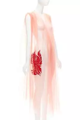 DRIES VAN NOTEN Pink Tulle Red Leaf Embroidery V Neck Sheer Fairy Dress • $298