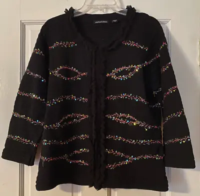 MICHAEL SIMON Cardigan Sweater Sz XL Black Sequin Sparkly Ruffles Holiday Women • $49.99