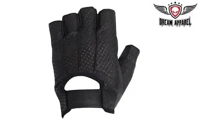 Black Fingerless Perforated Leather Motorcycle Biker Riding Gloves • $22.72