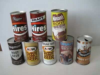 Lot 8 Vtg Steel Pull Top Root Beer Cans; Hires A&W Masons Mission Carousel • $25