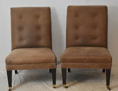 Baker Furniture Tullip & Crown Pair Of Club Chairs Tufted Leather Upholstery • $1499