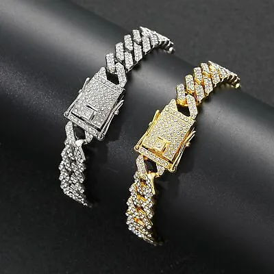 Mens 12MM Gold Plated Iced CZ Out Solid Miami Cuban Link Bracelet Hip Hop Jewely • $13.94