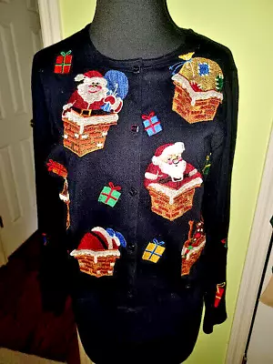 MICHAEL SIMON  Lite  Embroidered Christmas Santas Cardigan M • $24