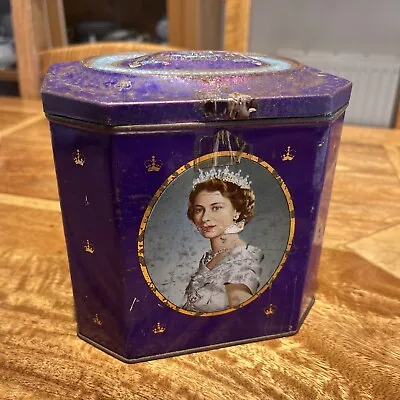 Vintage Queen Elizabeth 11 Coronation Souvenir Tin 1953 Purple • £5.90