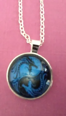 Ying Yang Blue Dragon 25mm Domed Glass  Pendant On 20   Necklace  Boxed • £3.65