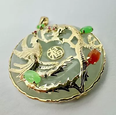 14k Gold Chinese Jade Dragon Statement Pendant Ref:dan129 • £275