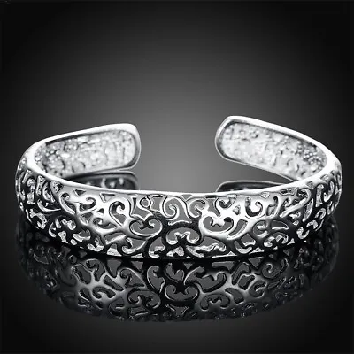 £1.92 • Buy Minimalist Women's 925 Sterling Silver Hollow Cuff Bangle Charm Bracelet Jewelry