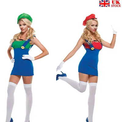 Women Fancy Dress Mario Luigi Plumber Sisters Costumes Party Halloween • £6.99