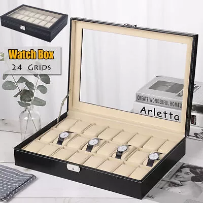 24 Grids Leather Watch Box Case Jewelry Collection Storage Holder Glass Display • £22.47