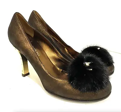 Mariani Studio Shoes Women’s Sz 7.5 Mink Pom Bronze Brown Pumps Gold Heels Italy • $48