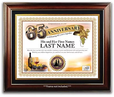 PERSONALIZED WEDDING ANNIVERSARY CERTIFICATE 65 Year 65th Wine Bottle Theme GIFT • £14.24