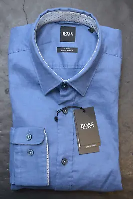 Hugo Boss $148 Men's Fonni Slim Fit Blue Stretch Linen Business Casual Shirt S • $65.99