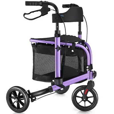 Rollator Walker Aluminum 3 Wheel Adjustable Foldable Lightweight With Seat Pouch • $96.95