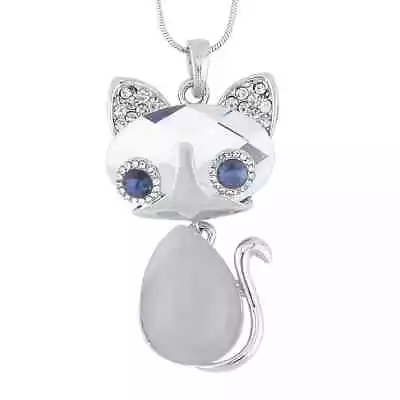 White Glass Multi Gemstone Kitten Charm Pendant Necklace 28-30  Silvertone • $17