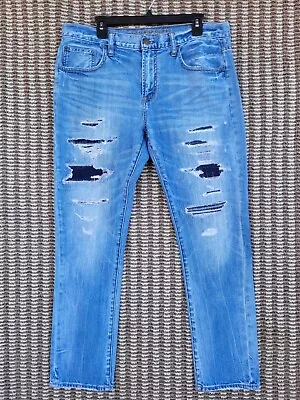 American Eagle AEO Jeans Mens 36x32 Blue Distressed Destroyed Flex Skinny Grunge • $22.74