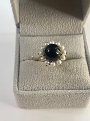 Vintage Ladies New 14kt Yellow Gold Ring Black & White Pearls Size 6 • $395