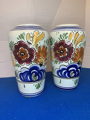 Pair Vintage Delft Urn Vases Multicolor Blue White Floral Hand Painted Design • $48