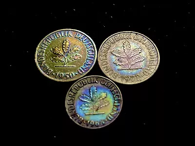 Lot Of 3 Germany 10 & 5 Pfennig Coins MONSTER RAINBOW TONED! Spend $20=🎁 (#389) • $8.99