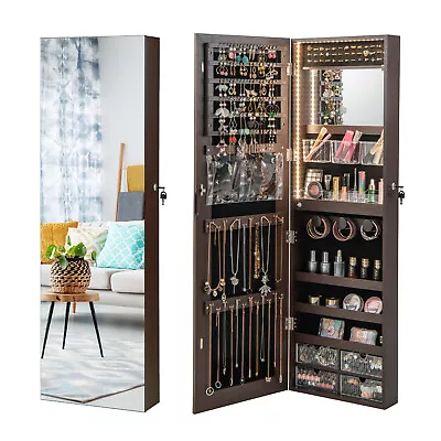 Lockable Wall Mounted/Door Hanging Jewelry Organizer W/ Full-Length Mirror Brown • $119