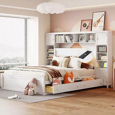 Queen Size Wood Bed Frame W/ Cabinet Headboard Shelf /Sockets/4 Drawers White • $857.99