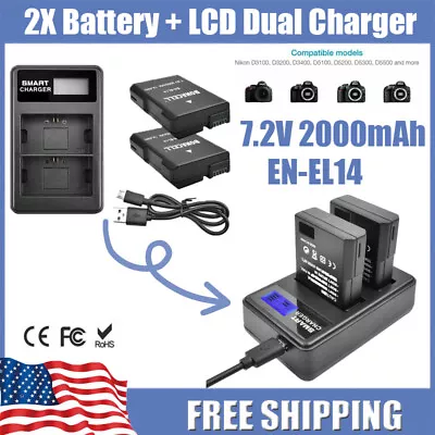 EN-EL14 EN-EL14a 2Pc Battery & Charger For Nikon D5600 D5500 D5300 D5200 D5100 • $22.99