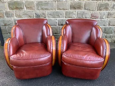 Pair Art Deco Walnut & Leather Cloud Club Chairs • £2200