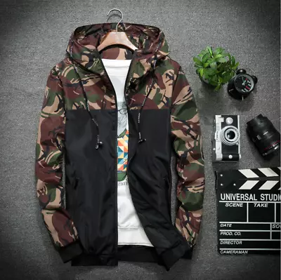 Men Zip Up Camo Windbreaker Hoodie Hooded Sweatshirt Jacket Casual Outwear Top • $22.88