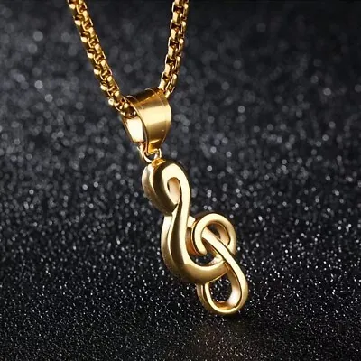 Gold Music Note G Treble Clef Pendant Necklace Men Women Jewelry Chain 24  Gift • $11.99